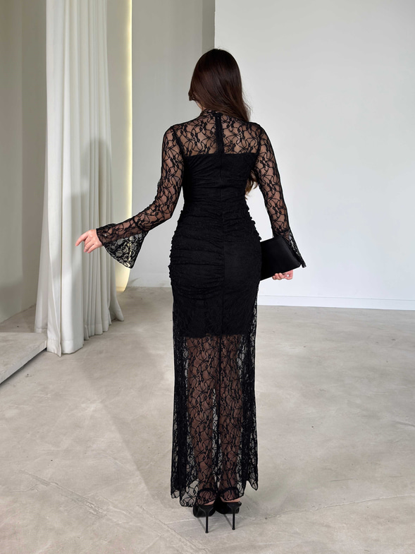 Boğazlı İspanyol Kol Yanı Drapeli Dantelli Maxi Boy Siyah Lucia Kadın Elbise 26Y765