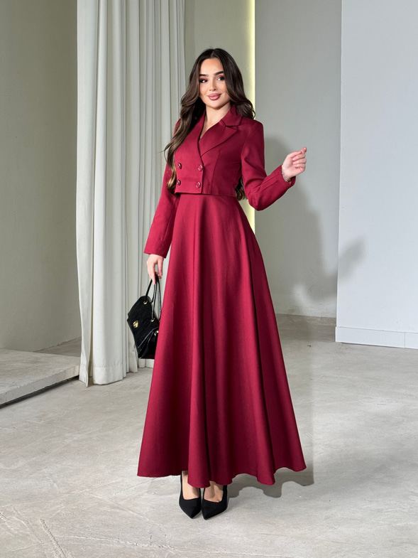 Elbisesi Kare Yaka Maxi Boy Crop Ceket Bordo Lucie İkili Elbise Takım 26Y796