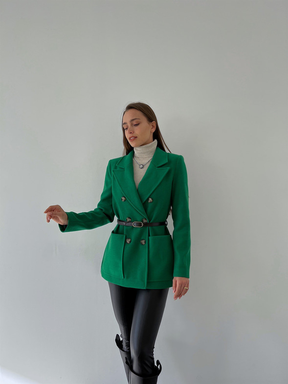 Kruvaze Yaka Yanları Cepli Önden Düğme Kapamalı Luiz Kadın Zümrüt Ceket 23K000273