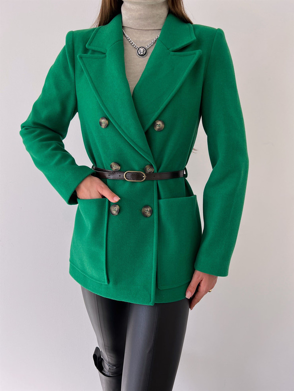 Kruvaze Yaka Yanları Cepli Önden Düğme Kapamalı Luiz Kadın Zümrüt Ceket 23K000273
