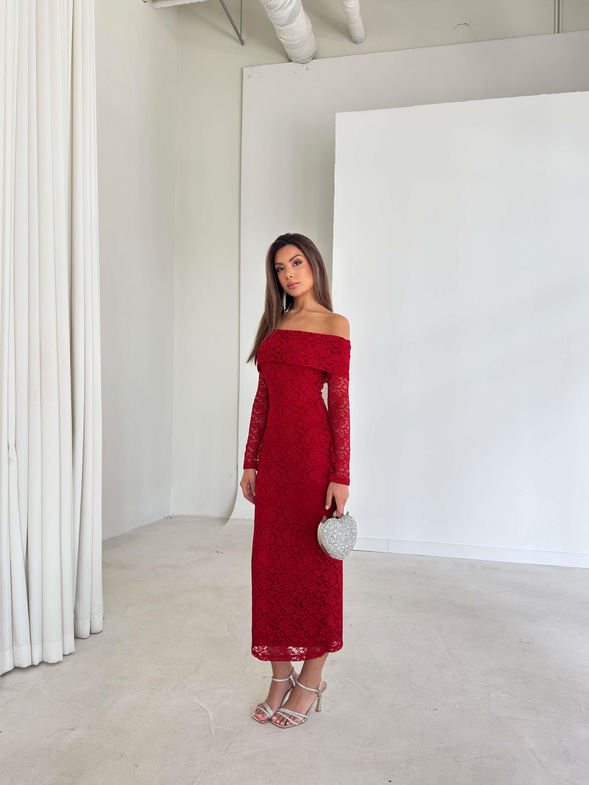 Madonna Yaka Dantelli Luke Kırmızı Kadın Elbise 26K284
