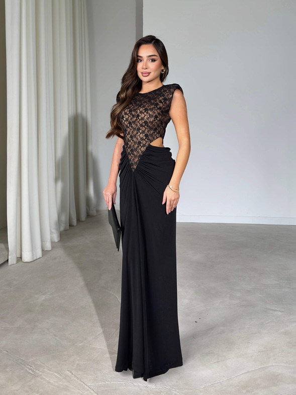 Vatkalı Pencere Detaylı Maxi Boy Siyah Macie Kadın Elbise 26Y634