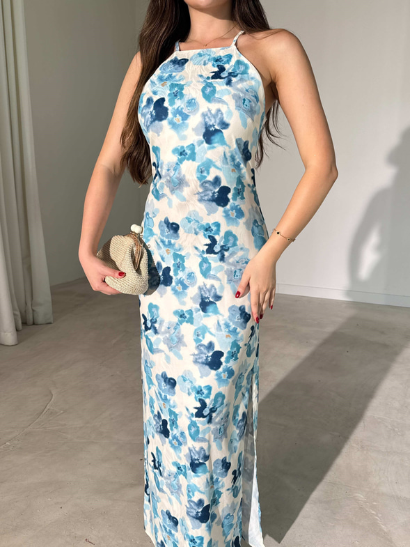 İnce Askılı Desenli Yandan Yırtmaçlı Maxi Boy Madonna Kadın Elbise 26Y426