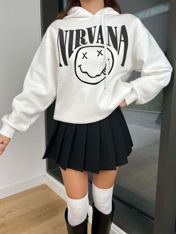 Kapüşonlu Nırvana Yazılı Baskılı Margarita  Kadın Ekru Sweatshırt 24k271