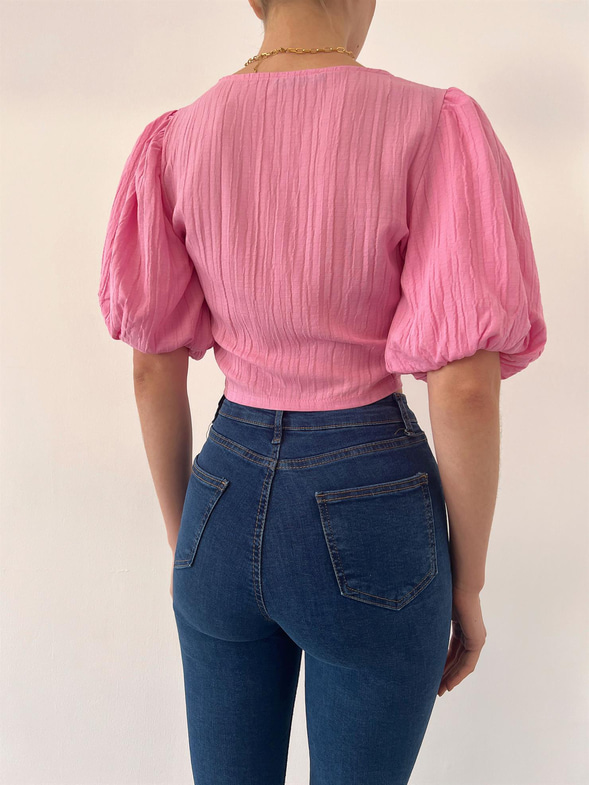 Kısa Balon Kol Önü Düğümlü Matilde Kadın Pembe Bluz 23Y000346