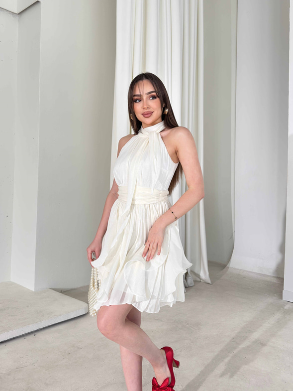 Kemerli Boyundan Bağlamalı Beyaz Mayra Kadın Elbise 26Y184