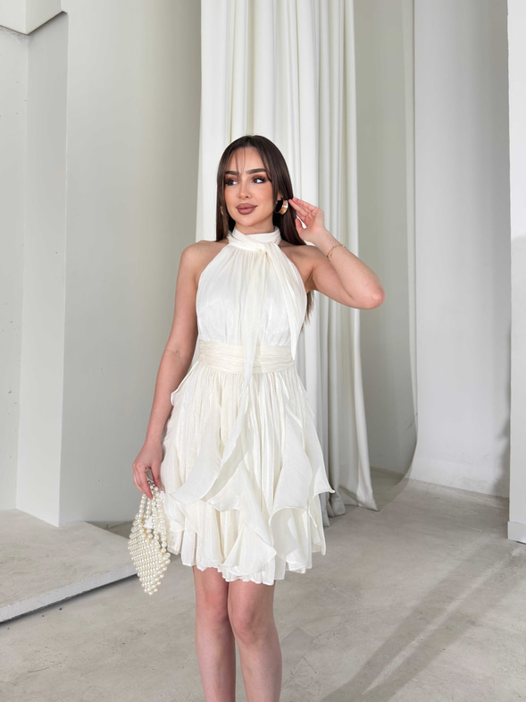 Kemerli Boyundan Bağlamalı Beyaz Mayra Kadın Elbise 26Y184