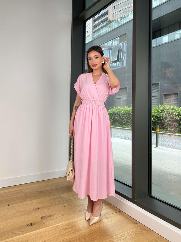 Kruvaze Yaka Beli Kemerli Melon Pembe Elbise 25Y416