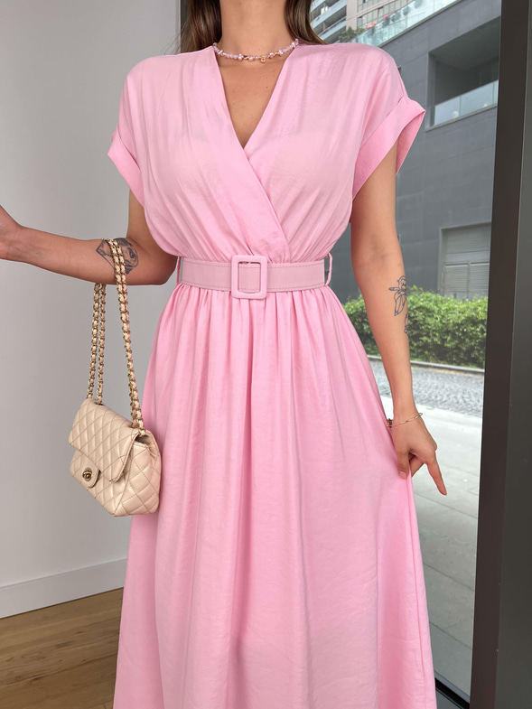 Kruvaze Yaka Beli Kemerli Melon Pembe Elbise 25Y416