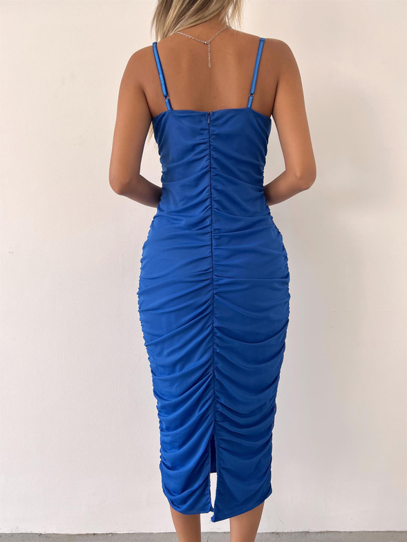 Midi Göğüs Kuplu Büzgülü Mellona Kadın Saks Kalem Elbise 22Y000326