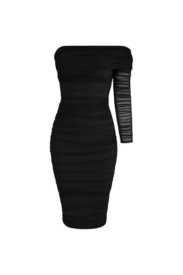 Midi Tek Kol Büzgülü Ninfe Kadın Siyah Tül Elbise 22K000524