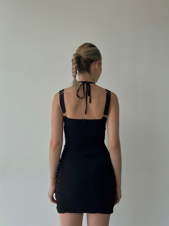 Mini Boy Omuz Ve Boyundan Askılı Drapeli Vice Kadın Siyah Elbise 22Y000362