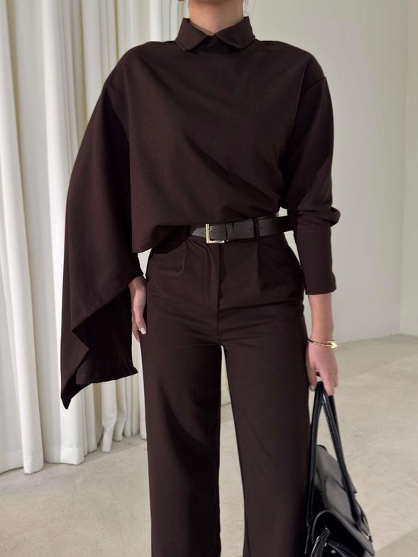 Şallı Gömlek Yüksek Bel Pantolon Monoca Kahve Kadın İkili Takım 26K404