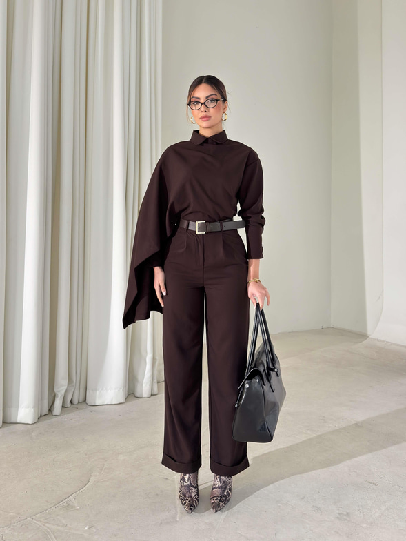 Şallı Gömlek Yüksek Bel Pantolon Monoca Kahve Kadın İkili Takım 26K404