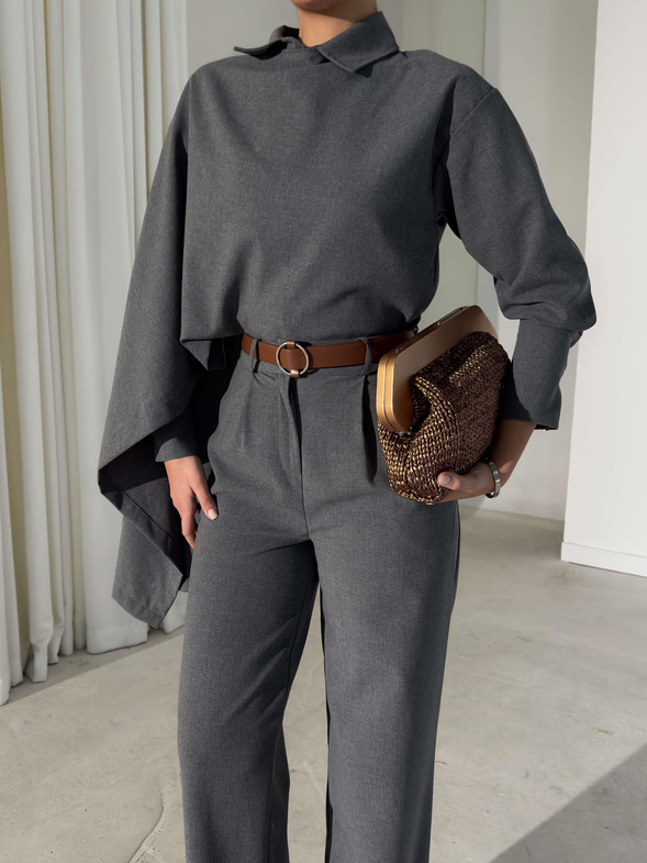 Şallı Gömlek Yüksek Bel Pantolon Monoca Gri Kadın İkili Takım 26K404