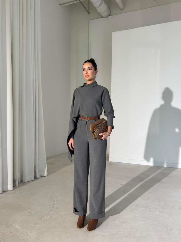 Şallı Gömlek Yüksek Bel Pantolon Monoca Gri Kadın İkili Takım 26K404