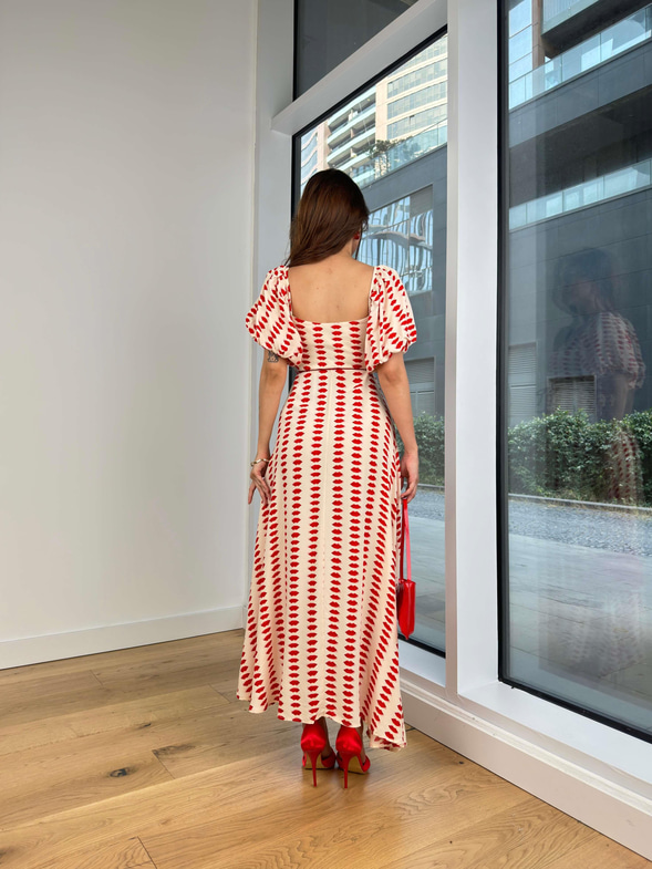 Balon Kol Kare Yaka Belden Bağlamalı Naglis Kadın Kırmızı Desenli Elbise 24Y729