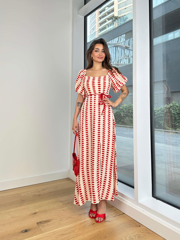 Balon Kol Kare Yaka Belden Bağlamalı Naglis Kadın Kırmızı Desenli Elbise 24Y729