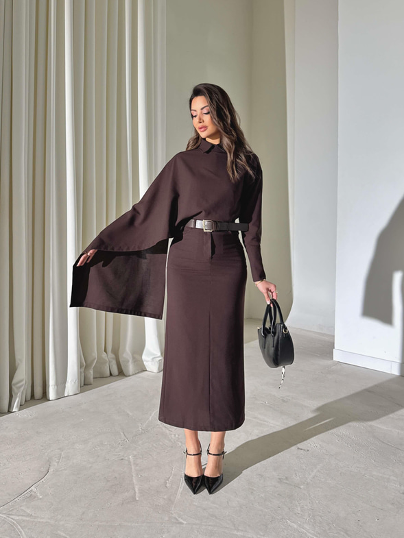 Şallı Gömlek Nalrina Kahve Kadın İkili Etekli Takım 26K417