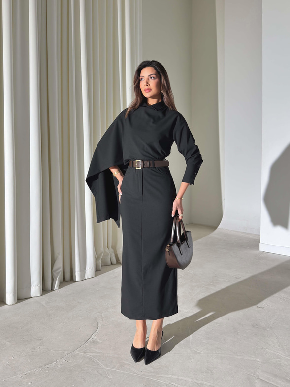 Şallı Gömlek Nalrina Siyah Kadın İkili Etekli Takım 26K417