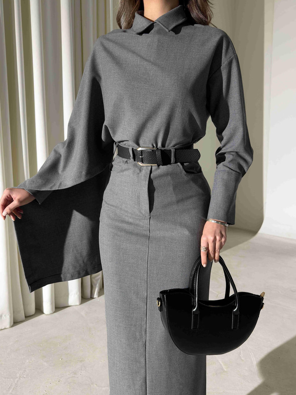 Şallı Gömlek Nalrina Gri Kadın İkili Etekli Takım 26K417