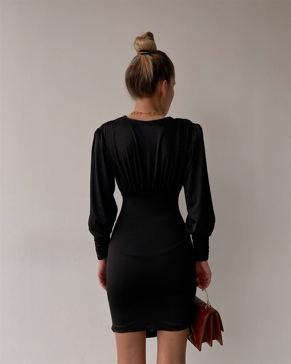 Mini V Yaka Drape Nathan Kadın Siyah Elbise 22K000423