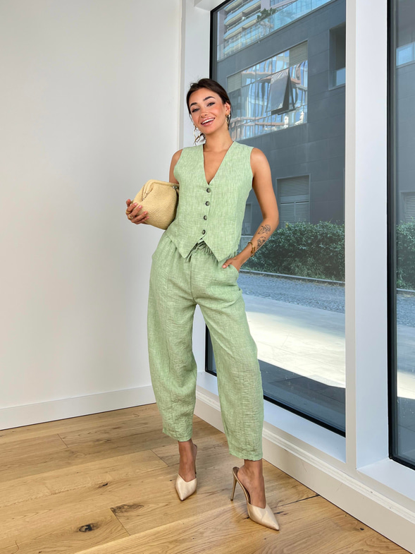 Önü Düğme Kapamalı Yelek Yüksek Lastik Bel Pantolon Nestory Kadın Mint Takım 24Y745