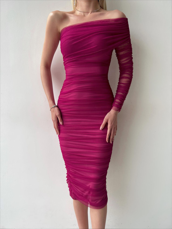 Midi Tek Kol Büzgülü Ninfe Kadın Vişne Tül Elbise 22K000524