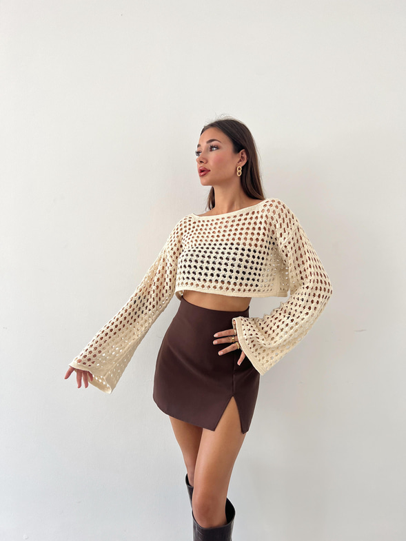 Uzun Kollu Ninochka Kadın Taş Triko Crop  Bluz 23Y000637