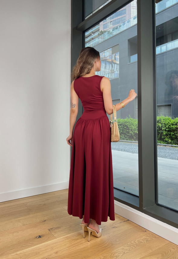 Kalın Askılı Kare Yaka Noller Bordo Elbise 25Y364