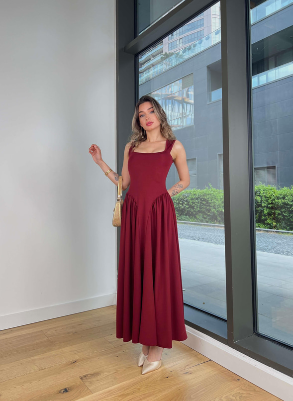 Kalın Askılı Kare Yaka Noller Bordo Elbise 25Y364