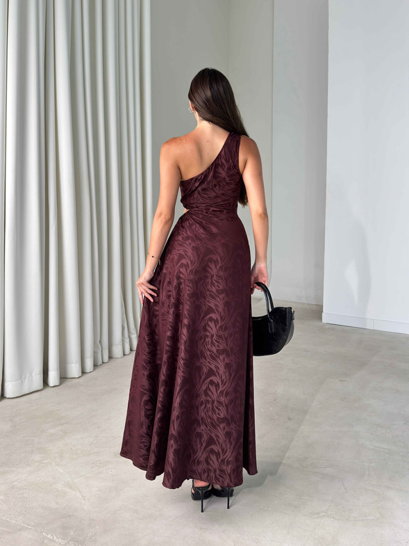Tek Omuz Pencere Detaylı Maxi Bordo Norma Kadın Elbise 26Y485