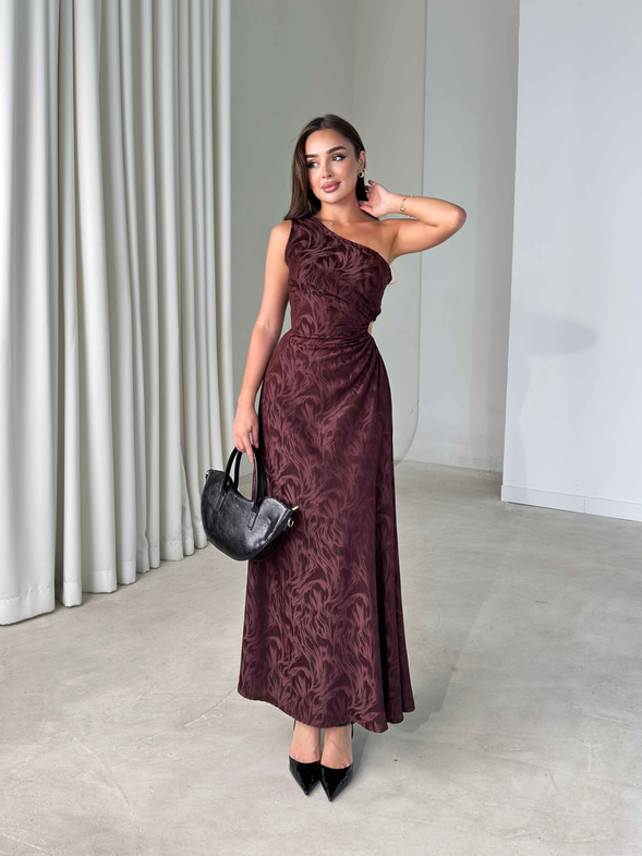 Tek Omuz Pencere Detaylı Maxi Bordo Norma Kadın Elbise 26Y485