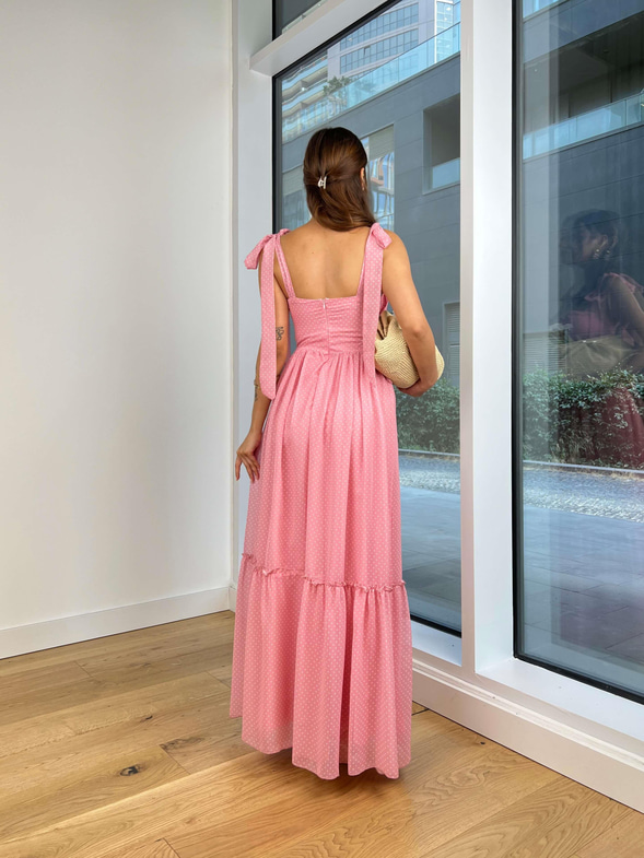 Askısı Bağlama Görünümlü Kalp Yaka Önü Drapeli Noslen Kadın Puantiyeli Pembe Elbise 24Y788