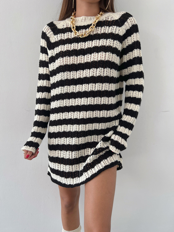 Çizgili Uzun Kol Olezka Kadın Siyah Triko Kazak Elbise 23K000465