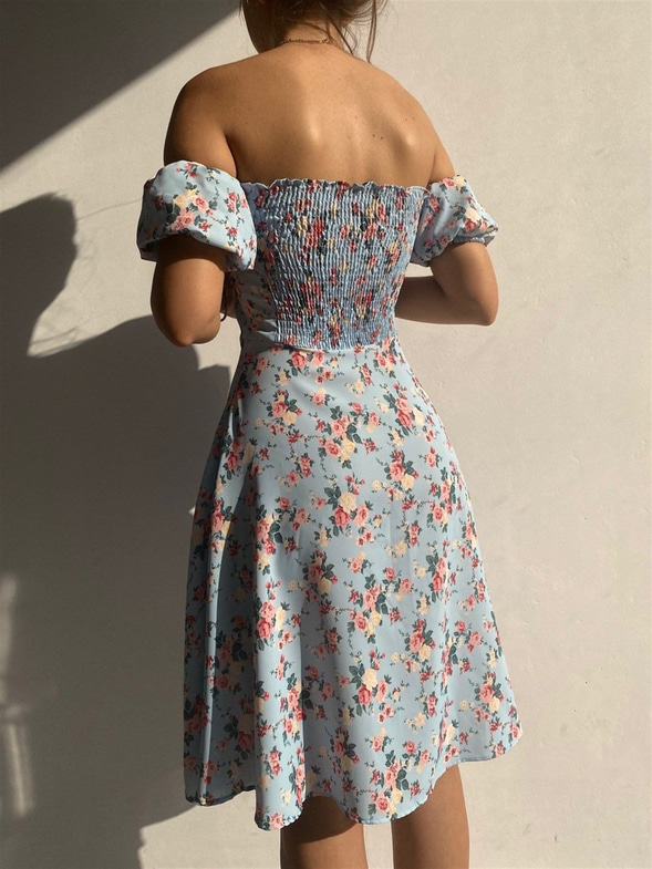 Çiçekli Açık Omuz Önden Yırtmaçlı Rose Kadın Mavi Elbise 21Y000490