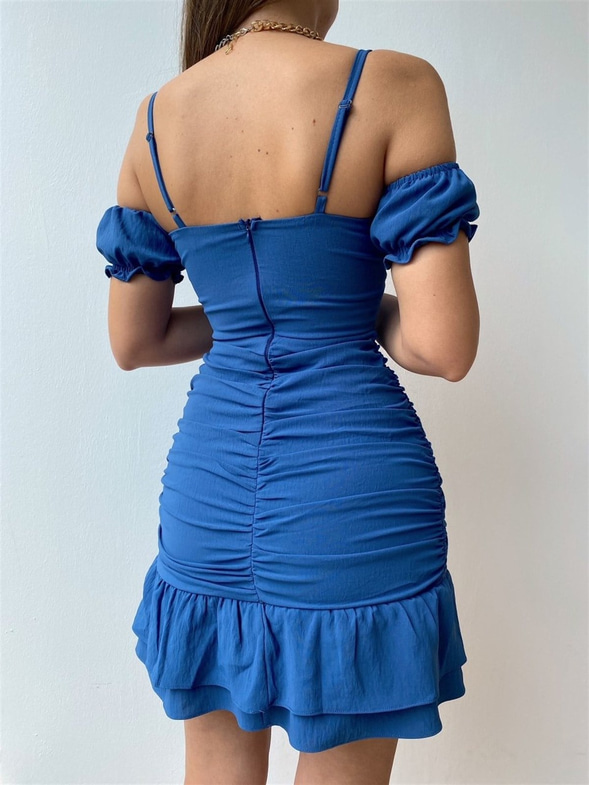 Önü Düğüm Detaylı Fırfırlı Kadın Mavi Mini Elbise 21Y000436