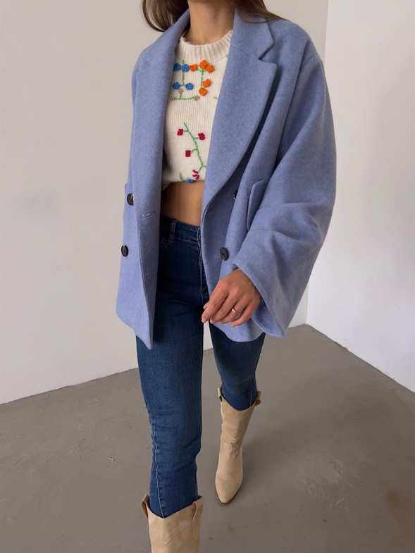 Önü Düğme Kapamalı Oversize Rosana Kadın Mavi Kaban 23K000190