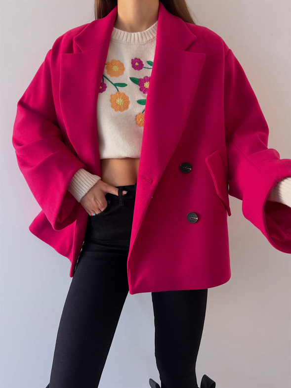 Önü Düğme Kapamalı Oversize Rosana Kadın Fuşya Kaban 23K000190