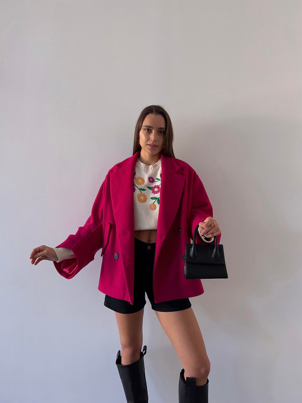 Önü Düğme Kapamalı Oversize Rosana Kadın Fuşya Kaban 23K000190