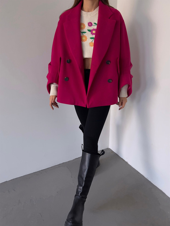 Önü Düğme Kapamalı Oversize Rosana Kadın Fuşya Kaban 23K000190