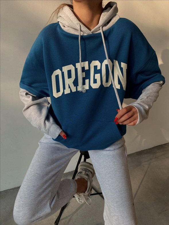 Çift Renkli Oregon Baskılı Kapüşonlu Kadın Mavi Sweat 22K000341