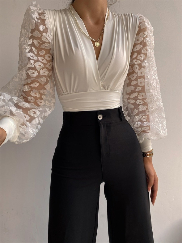 Organze Kol Kadın Beyaz Bodysuit 21K000314