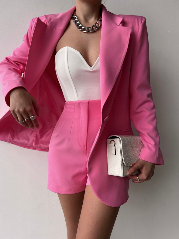 Oversize Cep Detay Tek Düğme Jerry Kadın Pembe Ceket 22Y000143