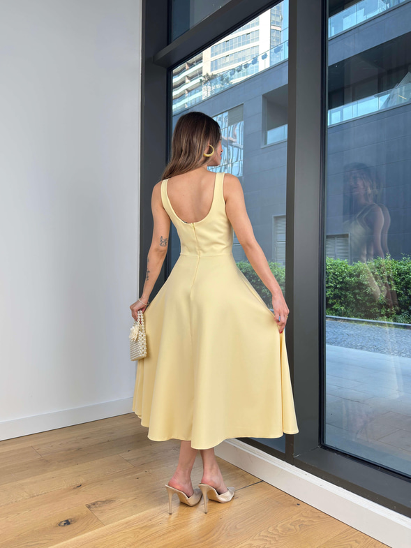 Kalın Kare Yaka Ovner Sarı Kadın Elbise 25Y358