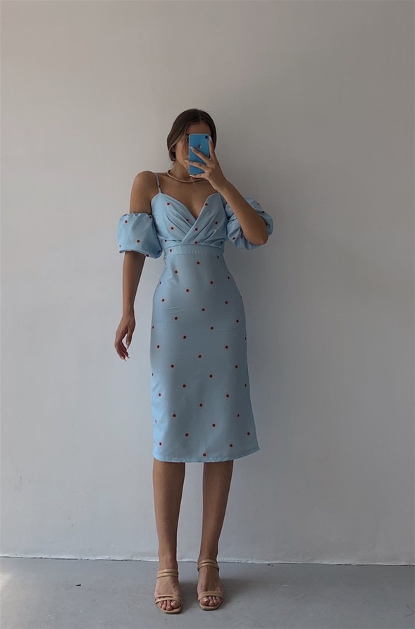 Papatya Desen Yaka Drape Detay Kadın Mavi Midi Elbise 21Y000430