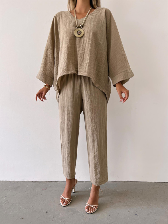 V Yaka Uzun Kollu Oversize Bluz Havuç Pantolon Pedro Kadın Vizon Takım 23Y000410