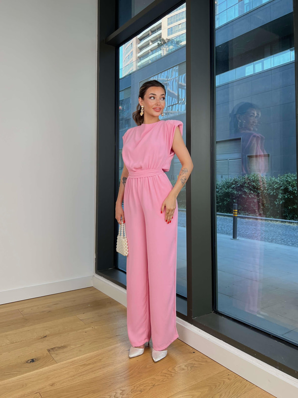 Belden Bağlamalı Peska Pembe Kadın Bol Paça Tulum 25Y497