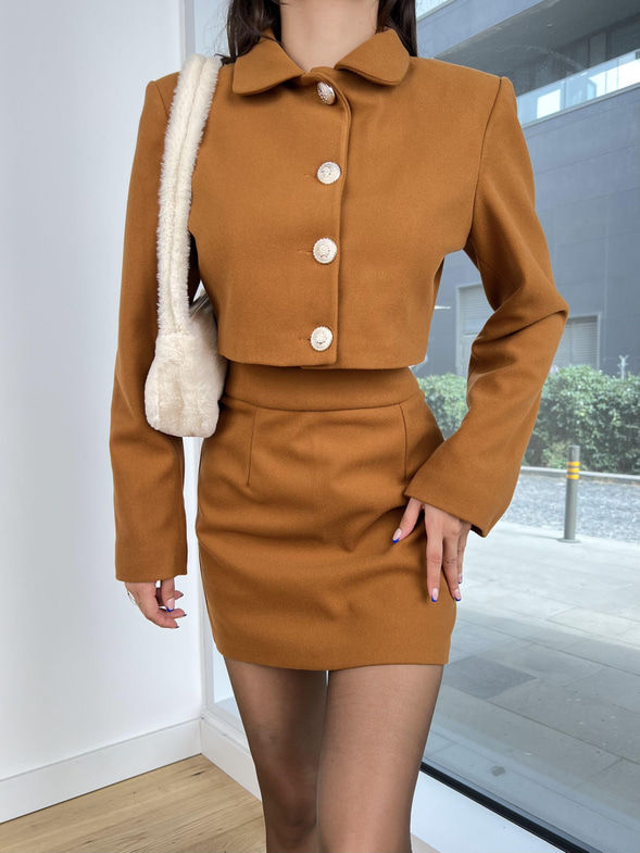 Önü Düğme Kapamalı Crop Blazer Ceket Yüksek Bel Mini Etek Pierre Kadın Taba Takım 25K125