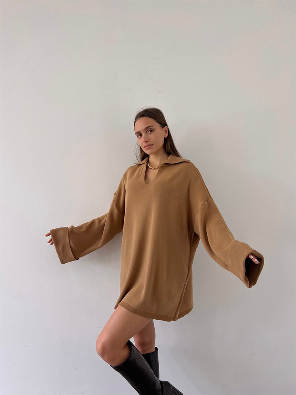 Polo Yaka Uzun Kol Oversize Kadın Camel Kazak 23K000192